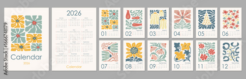 Monthly vertical flowers wall calendar 2026 design template. Abstract vector illustration floral poster vintage designs. Sunday start annual calendar. Set of 12 months. Cover A4 A3 A2 A5