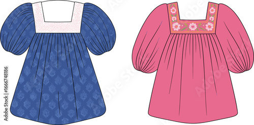 Baby girl ethnic dresses with floral embroidery, puff sleeves, square neck design, pink and blue cotton outfits for toddlers