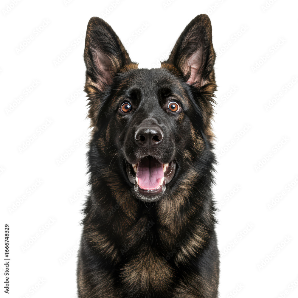 A happy German Shepherd dog with an excited expression on a white backdrop. A happy German Shepherd dog with an excited expression on a white backdrop.