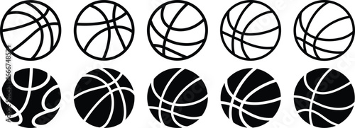 Basketball icon collection, black and white vector balls, sports symbols for logos, web, design, minimal graphics, silhouette illustration