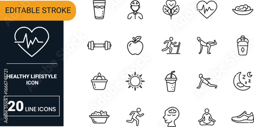 Healthy lifestyle vector icon set collection with fitness, diet, exercise, water, wellness, balance and active living habits