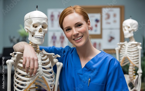 Friendly medical student poses with anatomical skeletons in science classroom setting