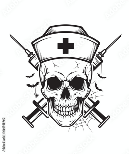 Nurse Skull Gothic T-Shirt Design, Dark Medical Syringe Graphic, Scary Healthcare Halloween SVG PNG Sublimation Print

