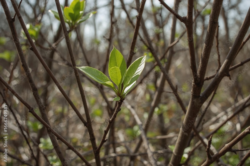 Fototapeta premium Detailed shot of fresh green foliage sprouting from dry, withered branches