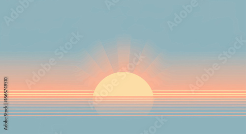 Stylized retro-futuristic sunrise over a serene tranquil ocean horizon with vibrant sun rays and calming water reflections graphic art