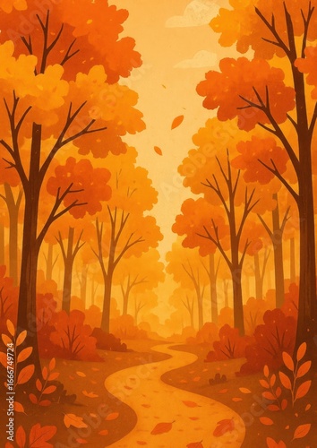 Vibrant autumn forest path illustration.