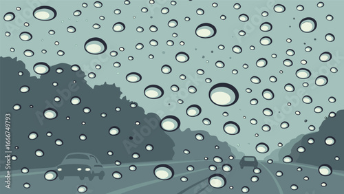 Driving through rain on a highway with water droplets on windshield