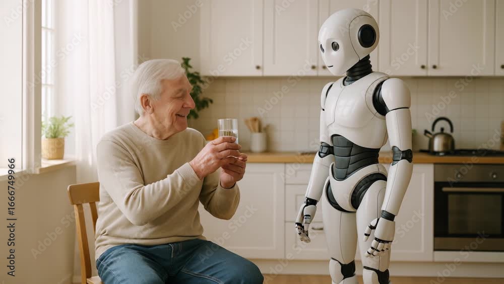 AI-Generated Image of a Humanoid Robot Serving Water to an Elderly Person.
AI-Generated Image of a Humanoid Robot Serving Water to an Elderly Person.