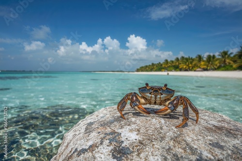 Fototapeta Naklejka Na Ścianę i Meble -  Crab resting on a rock with ocean and beach scenery, tropical island setting, summer vacation, wildlife, natural view, blue sky, coastal landscape
