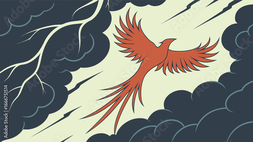 Fiery phoenix rising through stormy clouds bird mythical