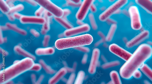 Legionella. 3D microscopic view of numerous rod-shaped bacteria, known, floating in a blue liquid, with a shallow depth of field focusing on a few cells