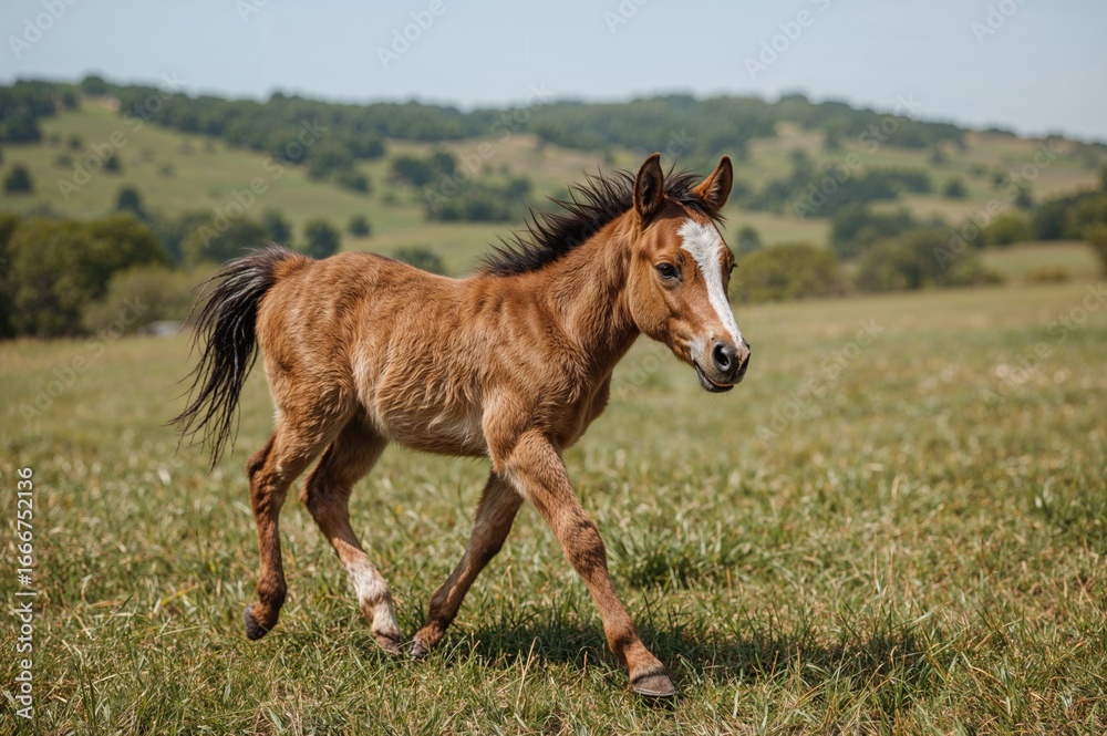 Obraz premium Young horse galloping in a sunny meadow during warm seasons