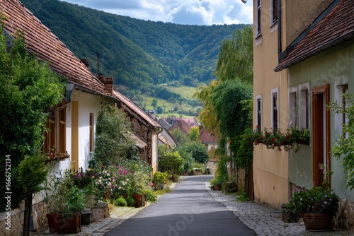 Fototapeta Naklejka Na Ścianę i Meble -  Moravian village with small colorful houses featuring red tiled roofs and cobblestone streets