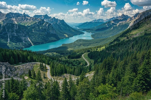 Fototapeta Naklejka Na Ścianę i Meble -  Various mountain landscapes featuring water, summer vibes, travel elements, nature, trees, roads, and forest beauty