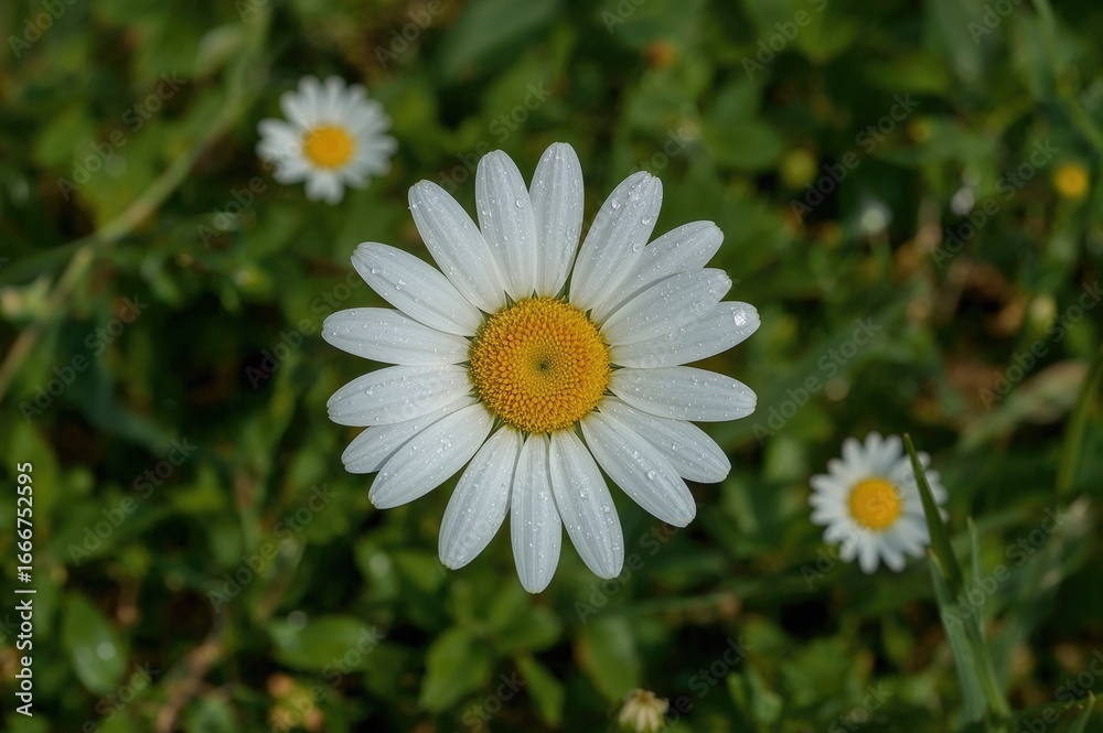 Close-up of a daisy covered in dew drops in a lush green field. Fresh summer morning with water droplets on white petals of a chamomile flower. Close-up of a daisy covered in dew drops in a lush green field. Fresh summer morning with water droplets on white petals of a chamomile flower.