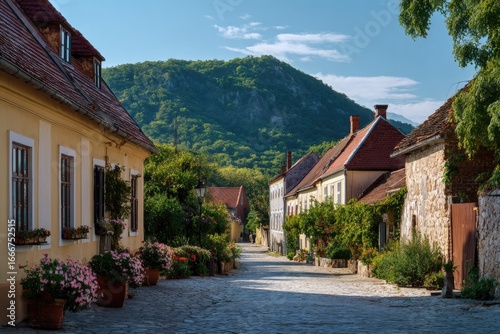 Fototapeta Naklejka Na Ścianę i Meble -  Moravian village with small colorful houses featuring red tiled roofs and cobblestone streets