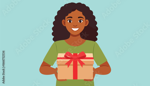 A smiling woman of color holds a gift box with a red bow, offering it.