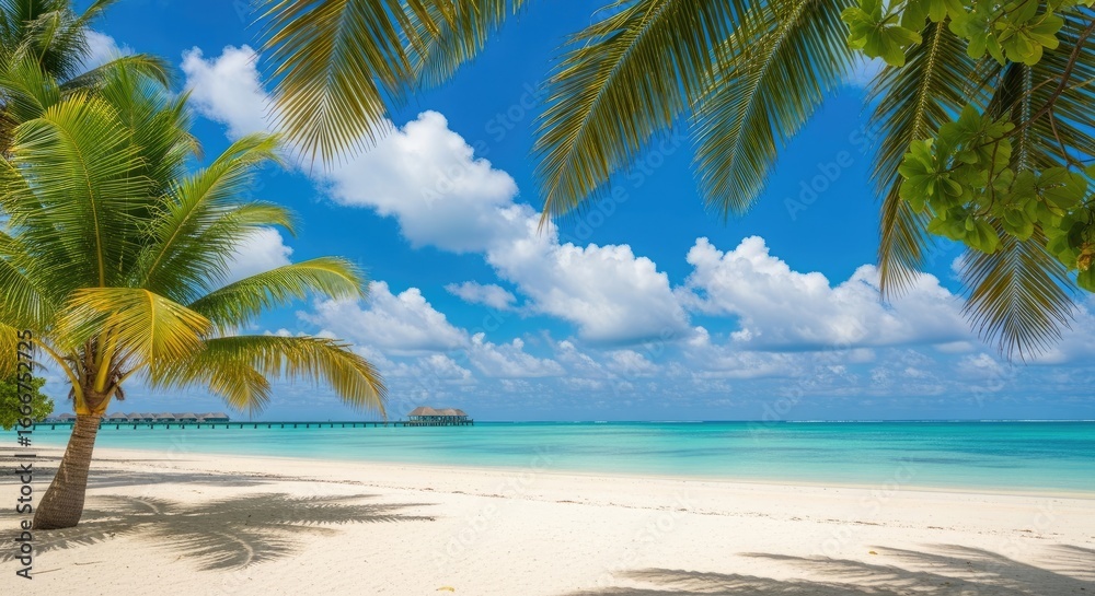 Fototapeta premium Tranquil tropical beach scene with palm trees and clear turquoise water under a partly cloudy sky.