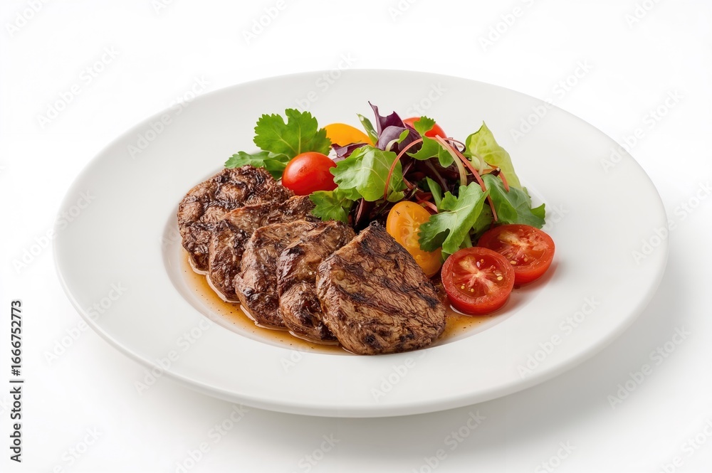 Tasty dish served with meat and veggies on a dish Tasty dish served with meat and veggies on a dish