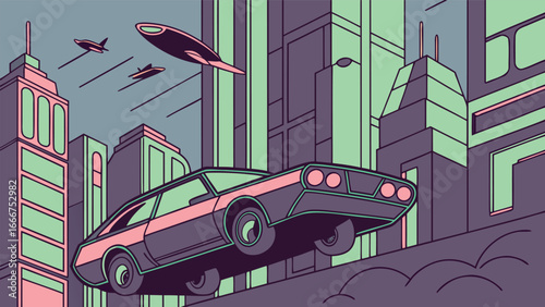 Futuristic car flying over stylized cityscape hover