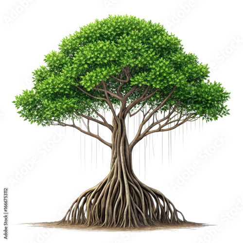 Realistic 3d digital art of a mangrove tree with intricate roots and hanging aerial roots transparent background