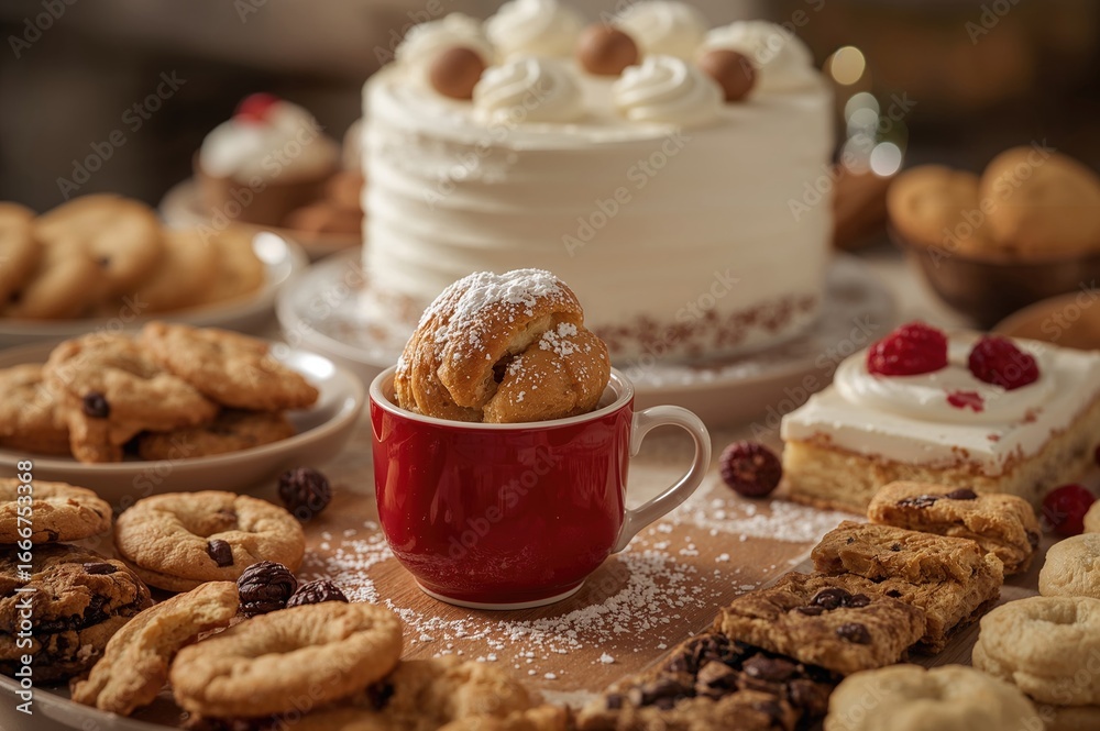 Fototapeta premium Sweet treat resembling a roasted nut presented in a crimson ceramic mug dusted with powdered sugar