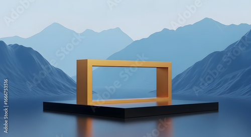 Golden geometric frame atop a black platform reflects the tranquil cerulean lake and distant mountain range creating a serene yet modern design element in a minimalist composition