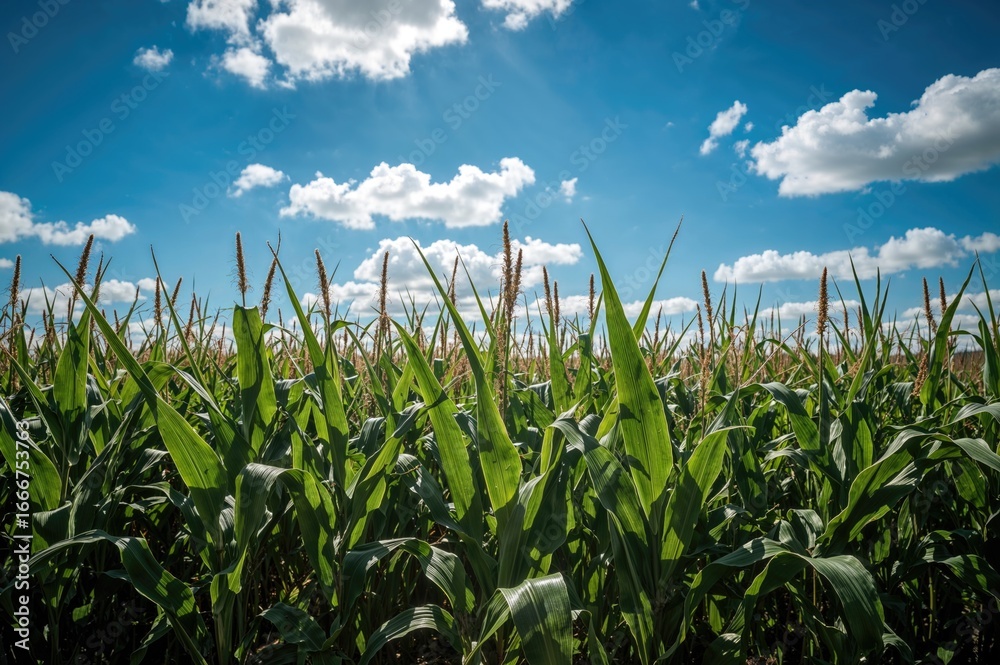 Fototapeta premium Sunlit autumn cornfield with tall crops