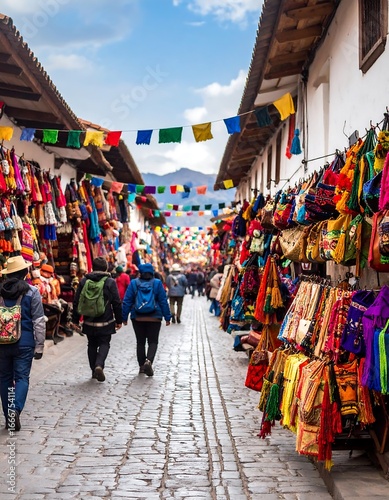 Colorful Andean Market Street in Cusco, Peru, with Tourists and Crafts.