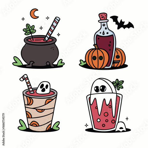 Halloween drinks and potion with pumpkins and bat cauldron