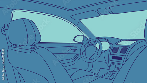 Interior view of a car showing dashboard and seats in blue tones