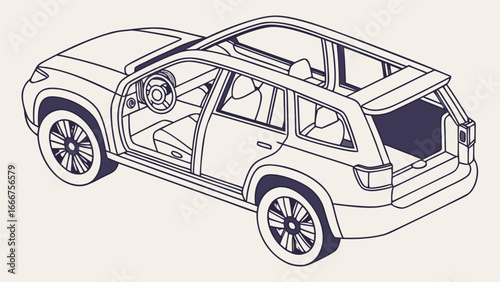Isometric outline of an SUV with open doors and trunk