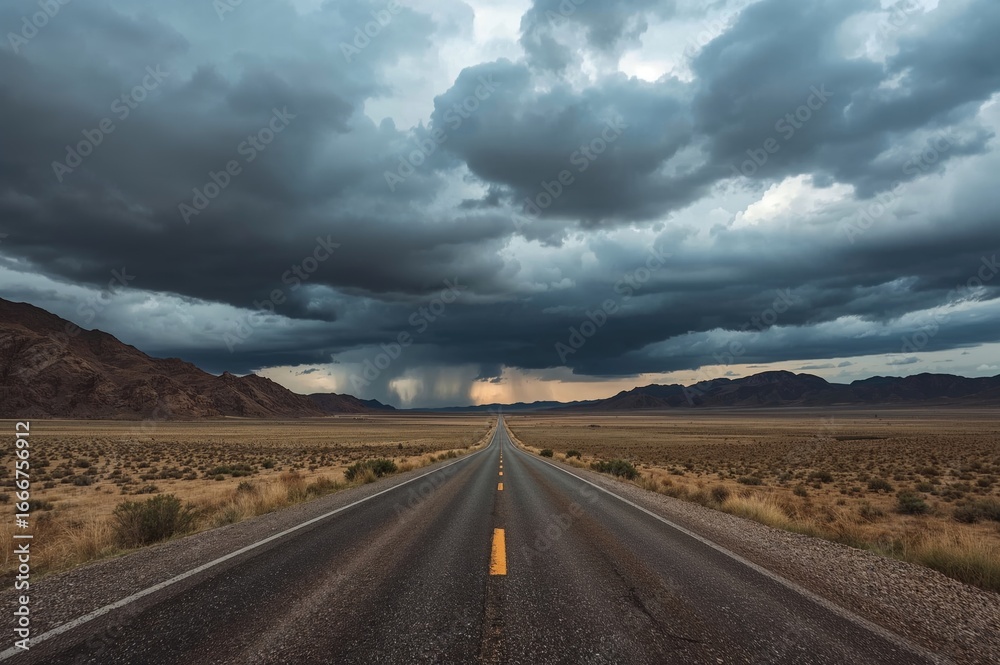 Naklejka premium Stormy sky looming above a valley roadway