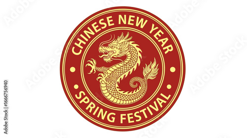 Vibrant golden dragon emblem representing annual East Asian Lunar New Year festivities and cultural celebration, perfect for traditional holiday themes