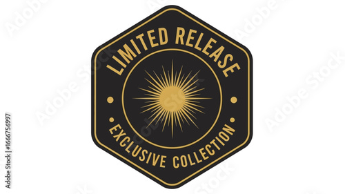 Premium hexagonal badge featuring a golden sunburst icon, proclaiming 'Limited Release' and 'Exclusive Collection,' ideal for special product branding and high-value offers or announcements