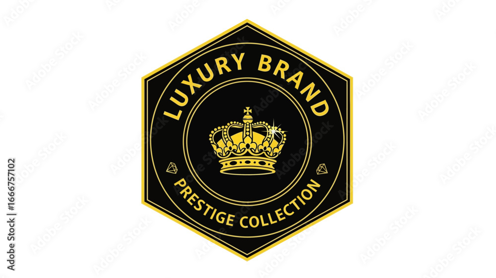 Obraz premium A majestic golden crown emblem set within an elegant black and gold hexagonal frame, symbolizing opulence, prestige, and exclusivity in a sophisticated graphic design