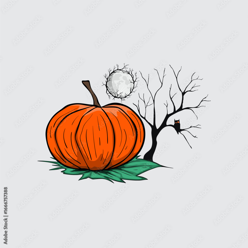Naklejka premium Halloween Pumpkin illustration: A vibrantly illustrated orange pumpkin rests upon a large green leaf, accompanied by a silhouetted tree against the backdrop of a full moon and an owl.