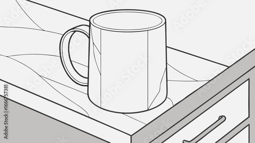 Line art drawing of a mug on a kitchen counter coffee