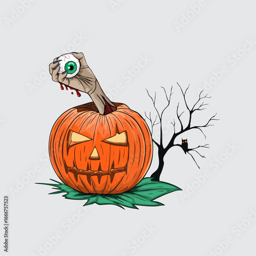 Halloween Spooky Pumpkin with a Eye: Spooky illustration featuring a carved pumpkin with an eerie expression. An undead hand reaches out from inside, clutching a bloody eyeball.