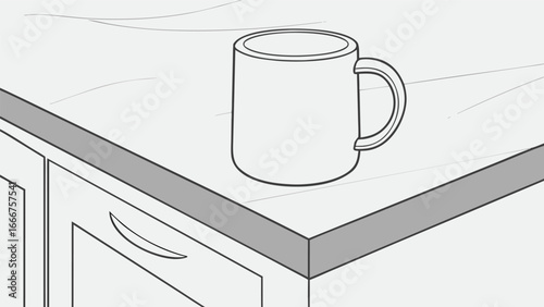 Line art drawing of a mug on a kitchen counter coffee