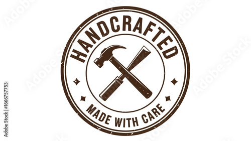 Circular vintage logo illustration with crossed hammer and chisel, emphasizing handcrafted quality and made-with-care ethics, suitable for artisanal product branding