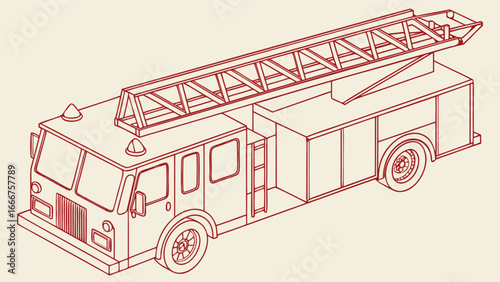 Line art illustration of a fire truck with extended ladder