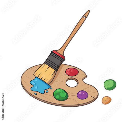 Wooden palette with brush and colorful paint blobs artist