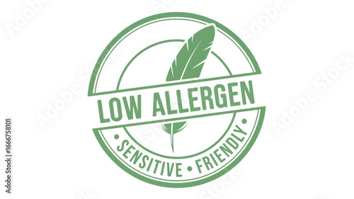 Green circular badge with feather icon, symbolizing low allergen and sensitive friendly product attributes, promoting comfort, gentleness, and hypoallergenic safety for users