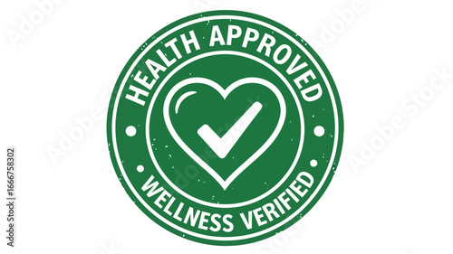 Vibrant green circular graphic badge symbolizing health approval and wellness verification, featuring a central heart icon with a prominent checkmark, ideal for certified products and services