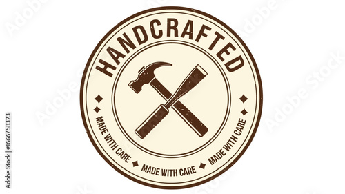 Vintage handcrafted emblem featuring crossed hammer and chisel, symbolizing artisanal quality and meticulous care in creation. Ideal for businesses emphasizing bespoke craftsmanship