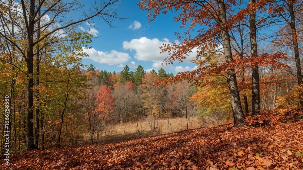 Fototapeta premium Vibrant fall leaves covering woodland trees