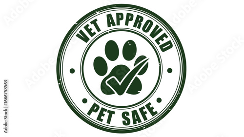 Green circular stamp illustration 'Vet Approved, Pet Safe' with paw print and checkmark, perfect for animal product branding and health certification