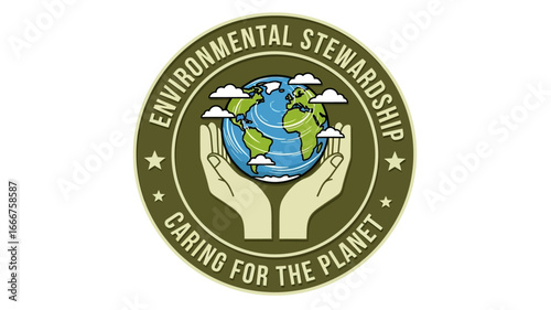 Graphic emblem symbolizing environmental stewardship, featuring hands gently cradling the Earth with clouds, representing a commitment to global sustainability and planet care