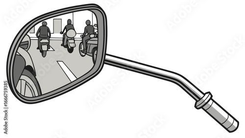 Motorcycle mirror reflecting traffic with riders rearview mirror